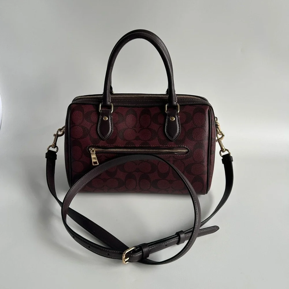 Coach Rowan Satchel Burgundy Signature Canvas Leather Bag Excellent - Picture 3 of 10